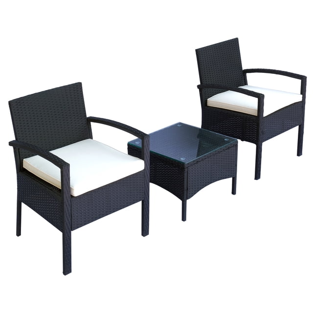Outsunny 3 Pieces Wicker Patio Furniture Set, Rattan Bistro Set with Coffee Table and Cushions, Outdoor Conversation Set for Garden, Porch, Balcony, White
