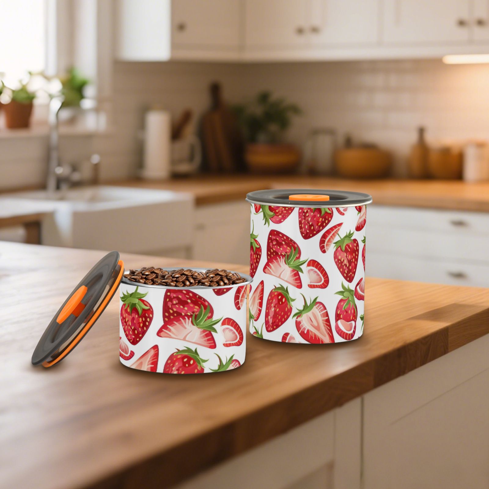 Strawberry Fruit Airtight Coffee Bean Canister 30oz Food Storage Containers with Lids For Gournd, Tea, Sugar, Flour, Rice, Cereal, Candy Cookie Jar