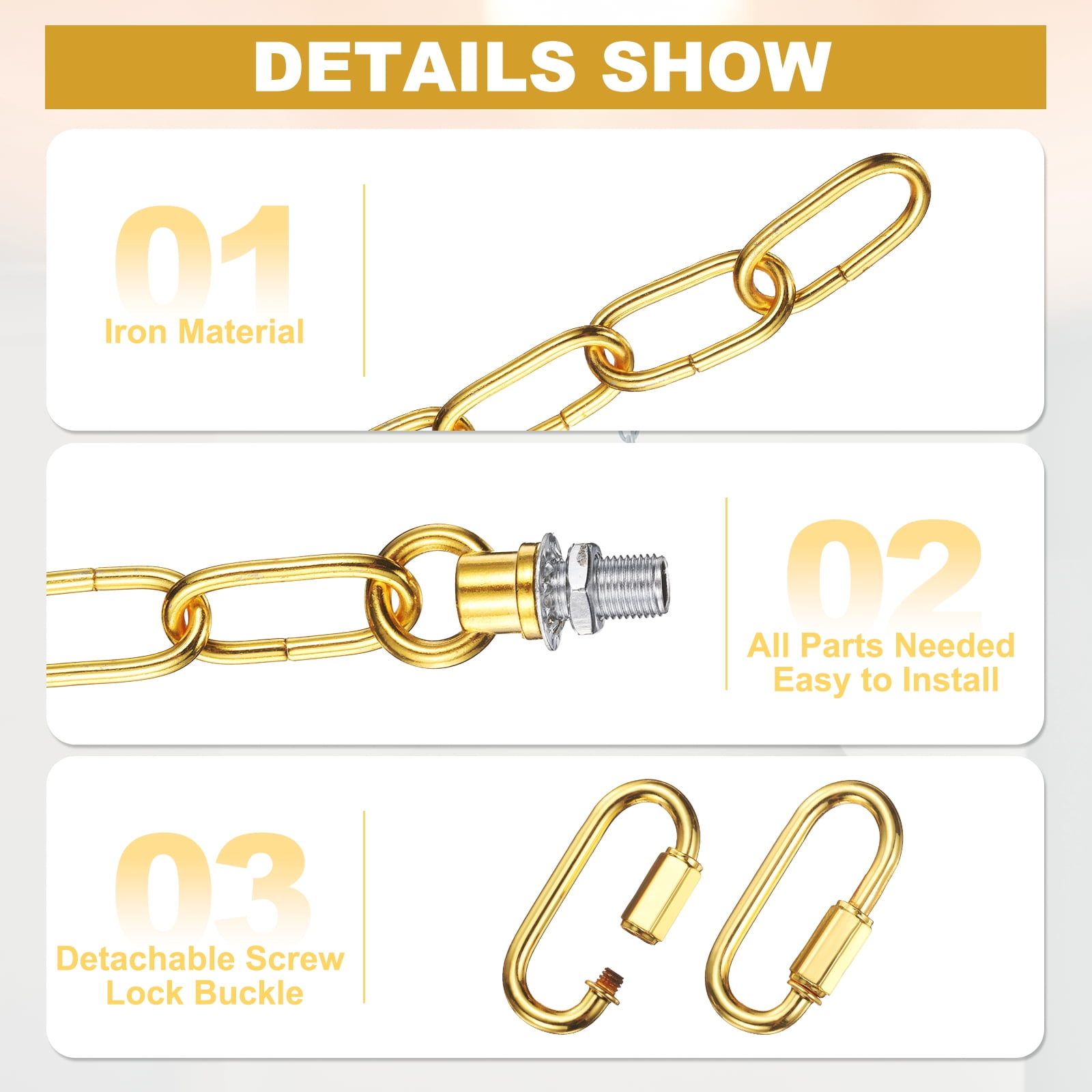 Uxcell 6 ft Light Fixture Chain Metal Looping Link Up to 110 lbs Gold Tone