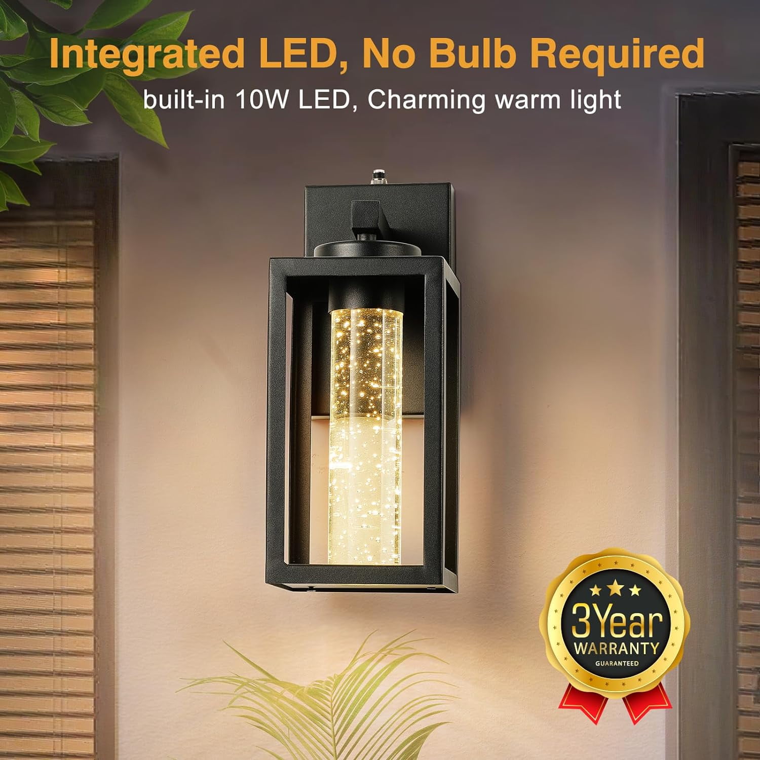 VIANIS Black Outdoor Wall Sconce, Dusk Dawn Exterior Lighting Wall Mount House with Crystal Bubble Glass, Waterproof Modern Outdoor Light Fixture Front Porch, LED Coach Lights for Garage Lantern