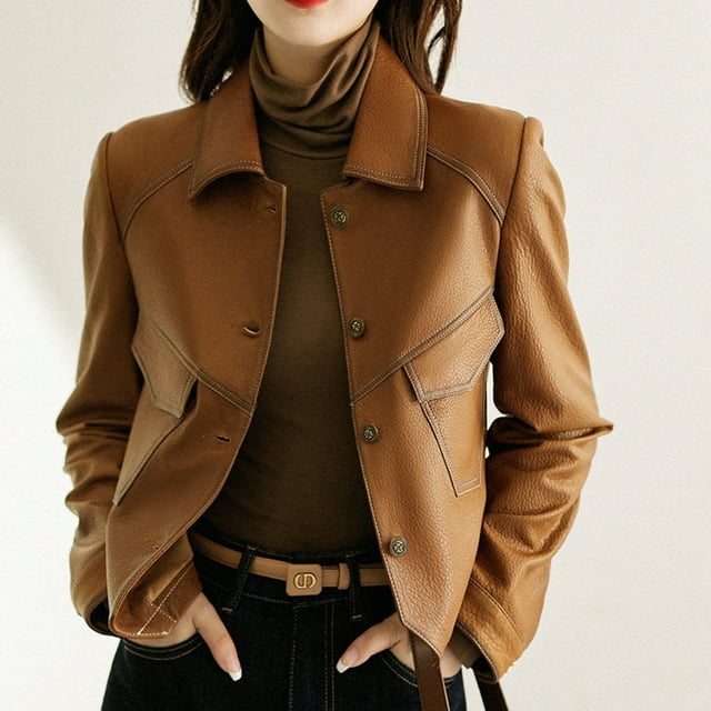 Veste Courte Ajustée en Faux Cuir Style Moto avec Doublure pour Occasions Décontractées