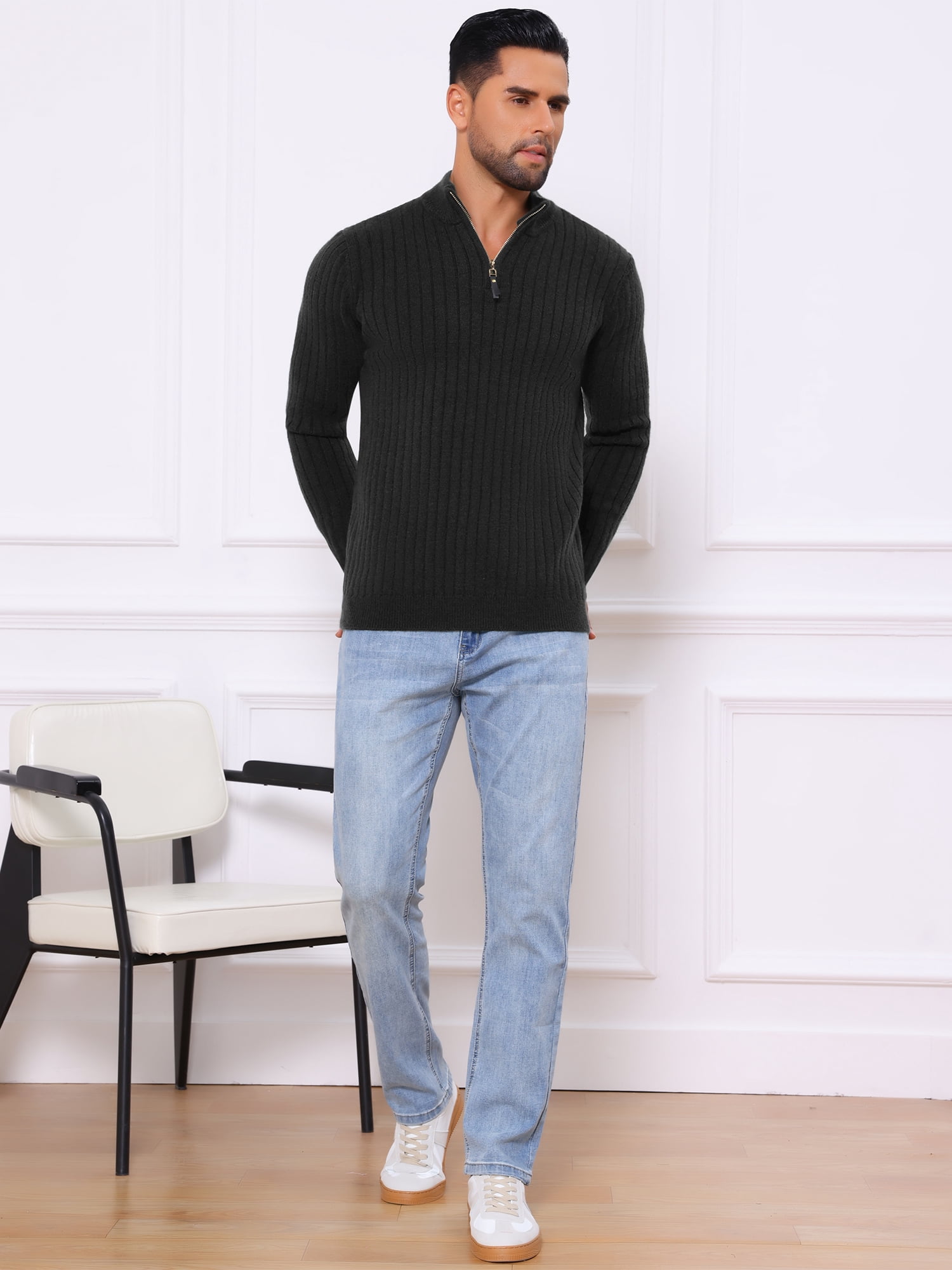 DARING DIVA Men's Casual Pullover Knitted Mock Neck Polo Sweater S Black