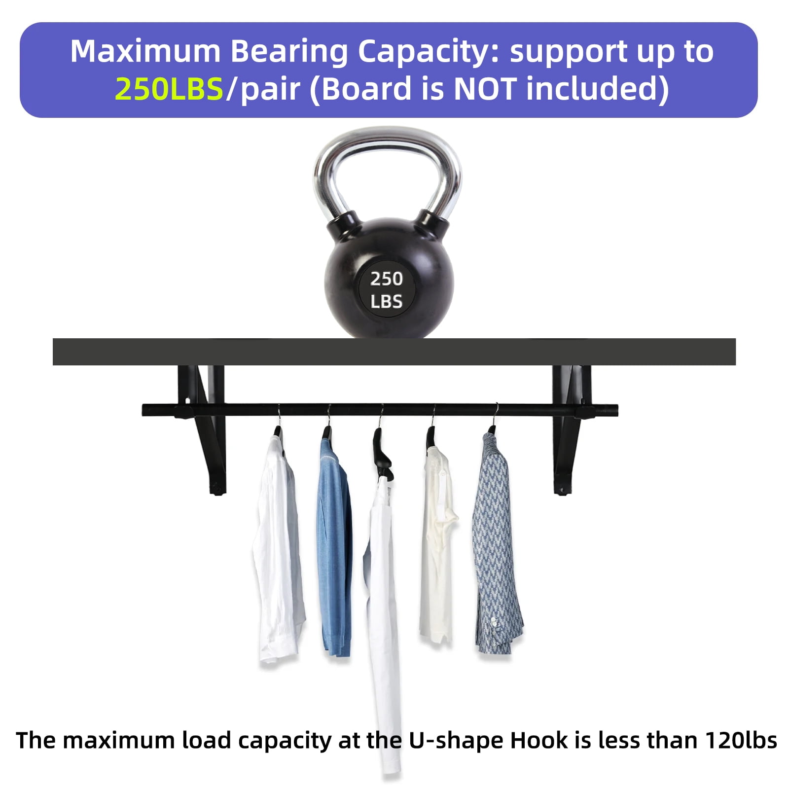 WellMade 11 x 9.5 in Wall Mounted Closet Rod Brackets 2 Pack, Steel Shelves Support with Rod Shelving Support, Black with Screws