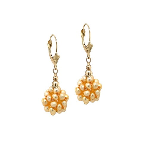 14K Yellow Gold Genuine Ball Freshwater Pearl Leverback Earrings