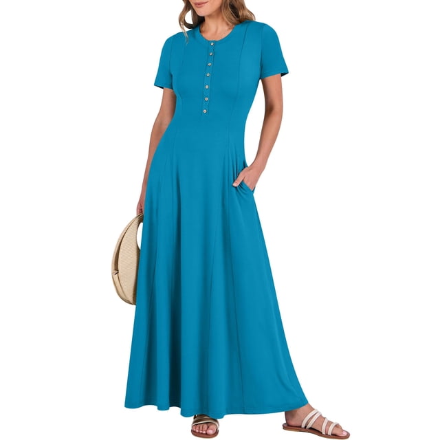 Vestido largo ANRABESS, casual de verano, manga corta, azul para mujer