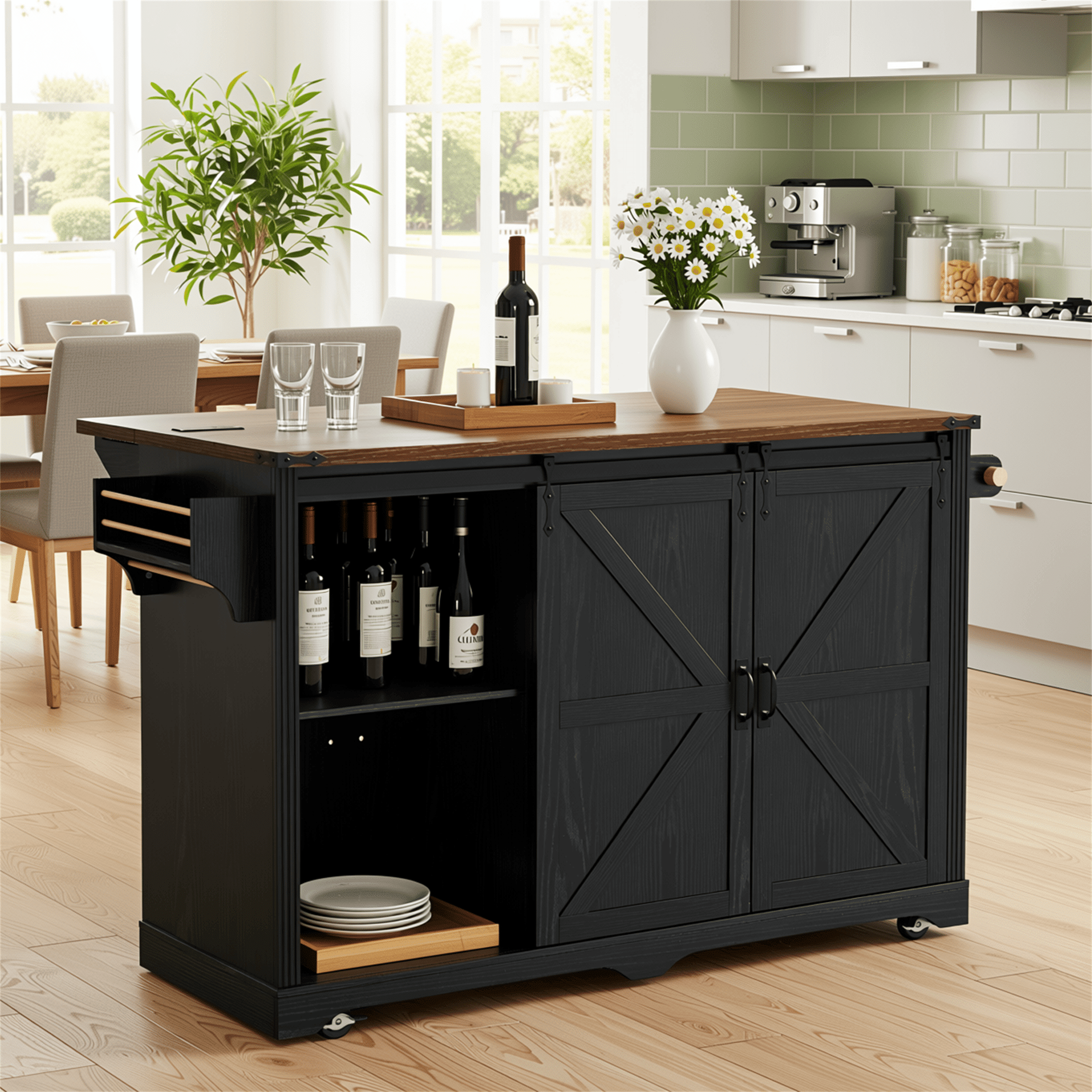 Homy Casa 72" Farmhouse Kitchen Island with Drop Leaf, Power Outlet and 2 Mini Fridge Bays, Black