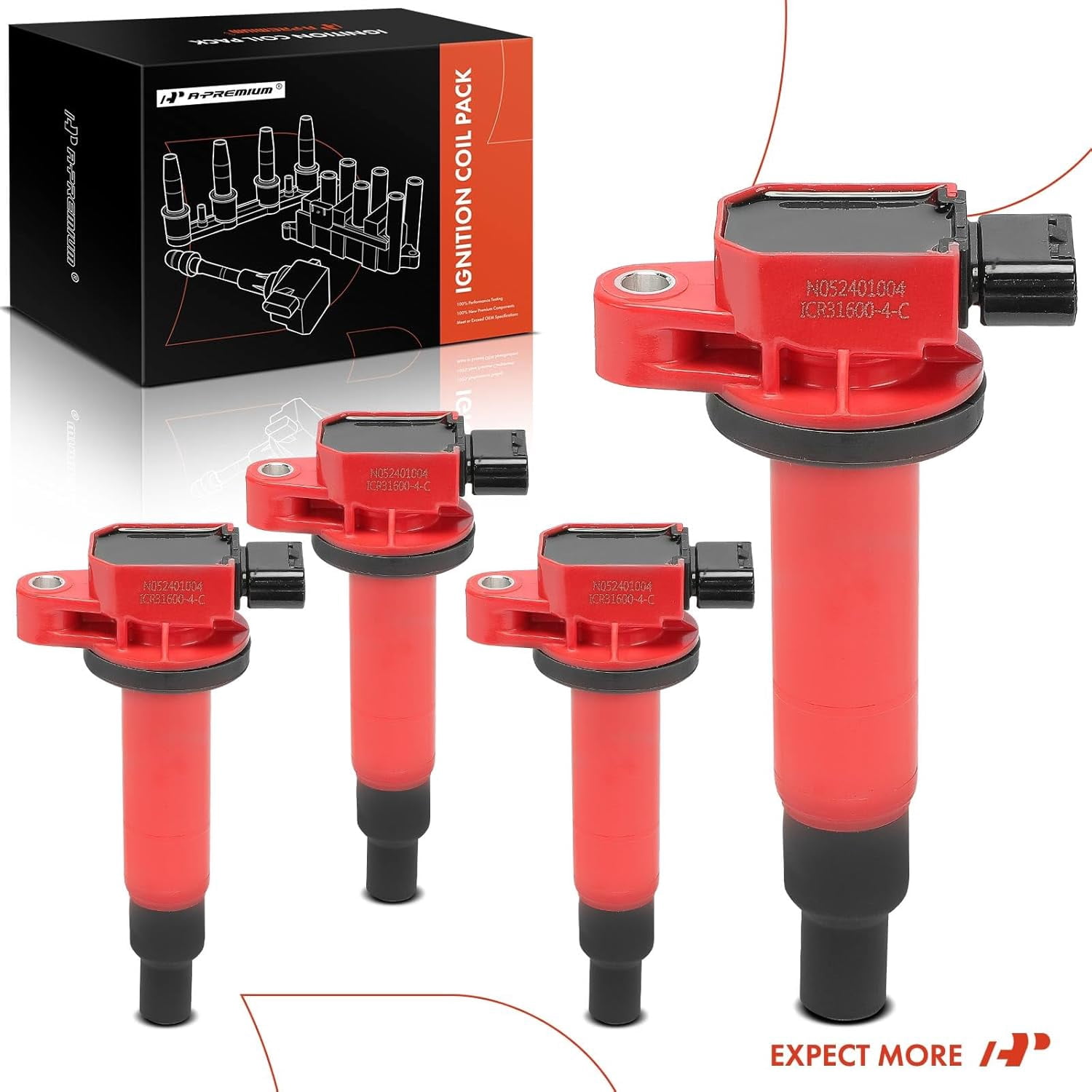 A-Premium (Red) Engine Ignition Coil Pack Compatible with Toyota Prius 2001-2009, Prius C 2012-2019, Yaris 2006-2018, Echo 2000-2005 & Scion xB 2004-2006, xA 2004-2006, 1.5L, 4-PC Set