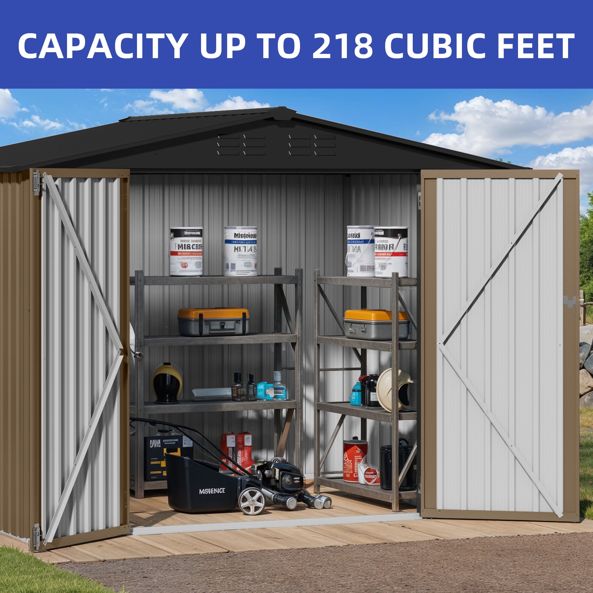 Uforic 8x6 FT Outdoor Storage Shed with Lockable Doors & Air Vent, Large Metal Tool Sheds House for Backyard Patio to Store Bikes, Tools,Brown