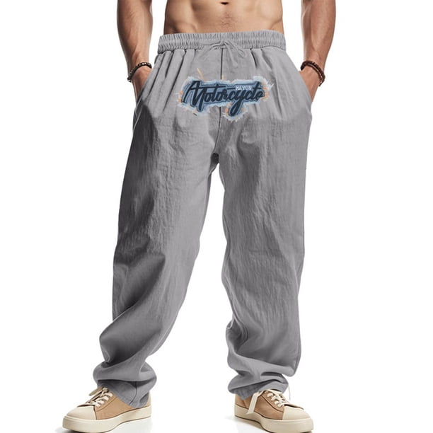 Pantalones largos para hombre, holgados, informales, de lino, de color liso, con bolsillo bordado, cordón ajustable y cintura elástica, de poliéster.