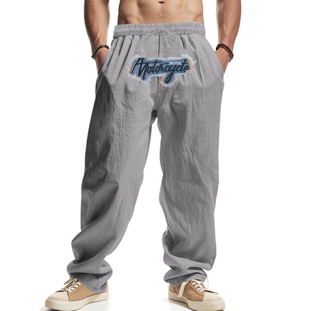 Pantalones largos para hombre, holgados, informales, de lino, de color liso, con bolsillo bordado, cordón ajustable y cintura elástica, de poliéster.