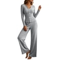 thumbnail image 2 of LEKWK Lounge Sets for Women Ribbed Long Sleeve Slim Fit Top with Cute Bows and Wide Leg Pants Matching Outfits 2 Piece Casual Sleepwear, 2 of 9