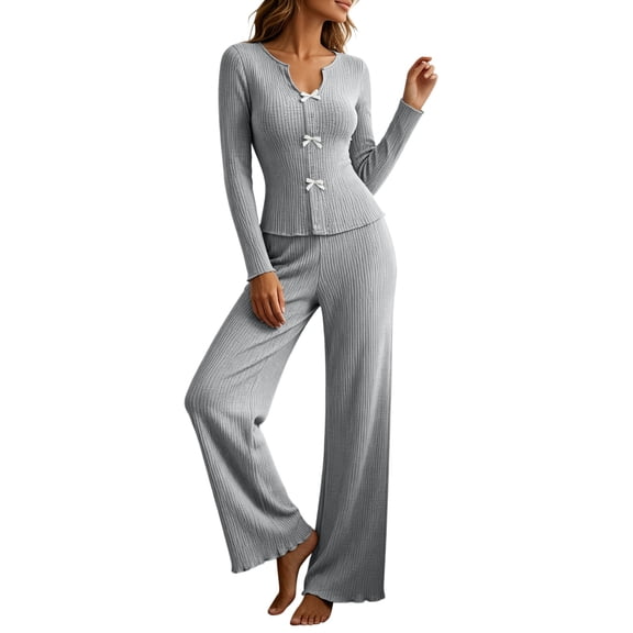 vdgthytj Loungewear Sets for Women 2 Piece Ribbed V-Neck Bowknot Long Sleeve Slim Fitted Tops Wide Leg Pants Fall Casual Sleepwear(X-Large,Gray)