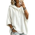 thumbnail image 2 of HaCpiu Women's Henley Hooded Knit Poncho, Solid Loose 3/4 Sleeve Pullover, Lightweight Button-Up Drape Sweater with Drawstring, White XL, 2 of 6