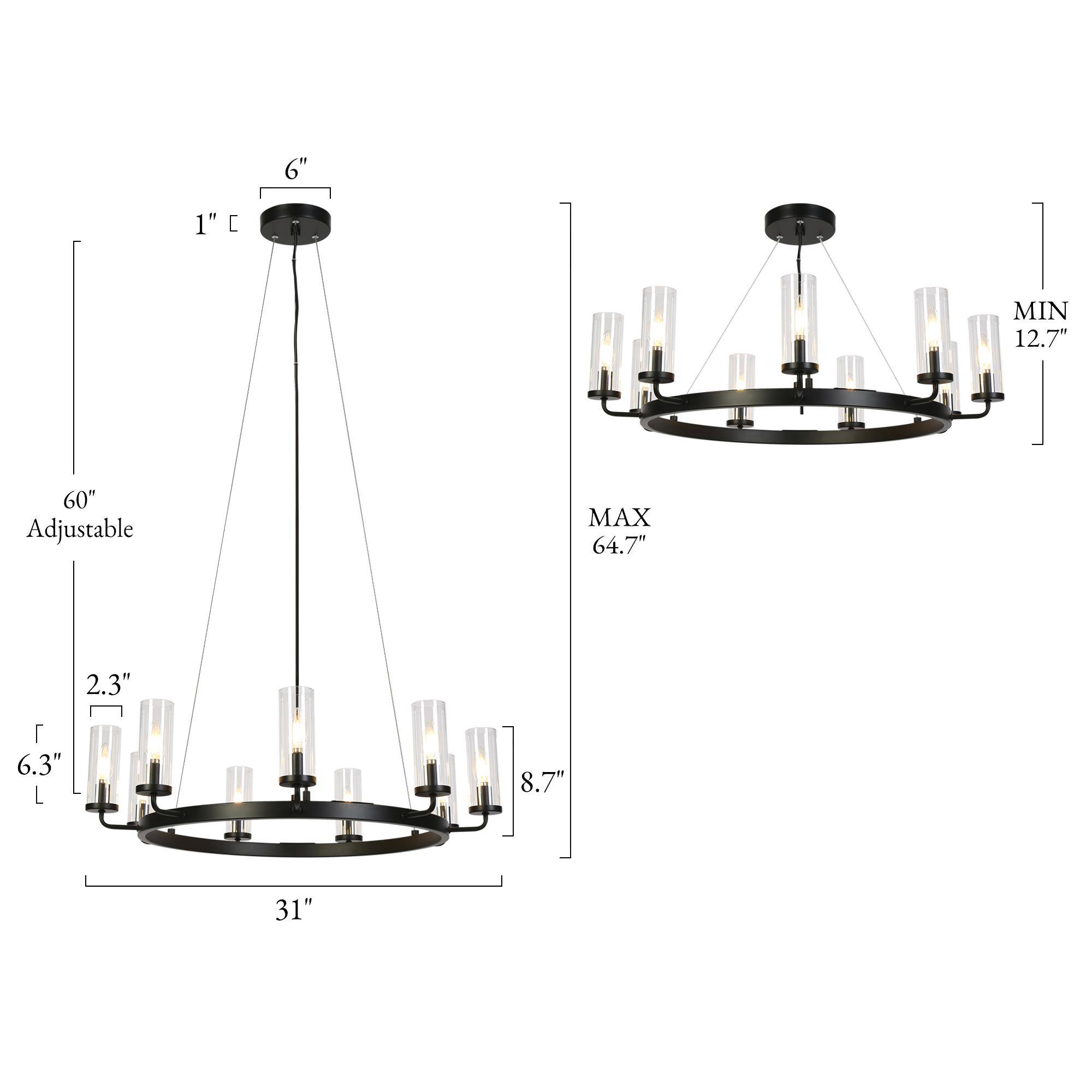 LNC 9-Light 1-Tier Transitional Metal Matte Black Hardwired Wagon Wheel Chandelier