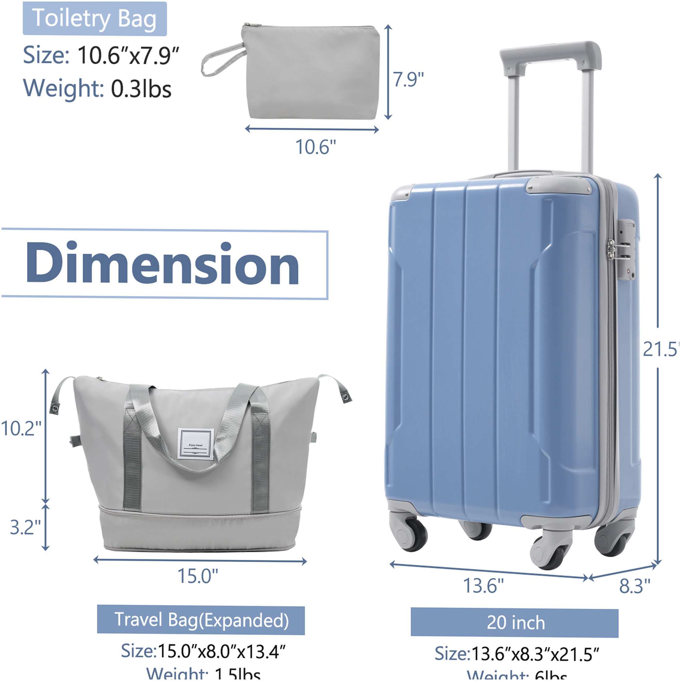 JERFIT 20" Carry On Luggage 3 Piece Set Hardshell Spinner Suitcase, Weekender Duffel & Toiletry Bag, TSA Lock, Lightweight ABS for Air Travel, Glacier Lake