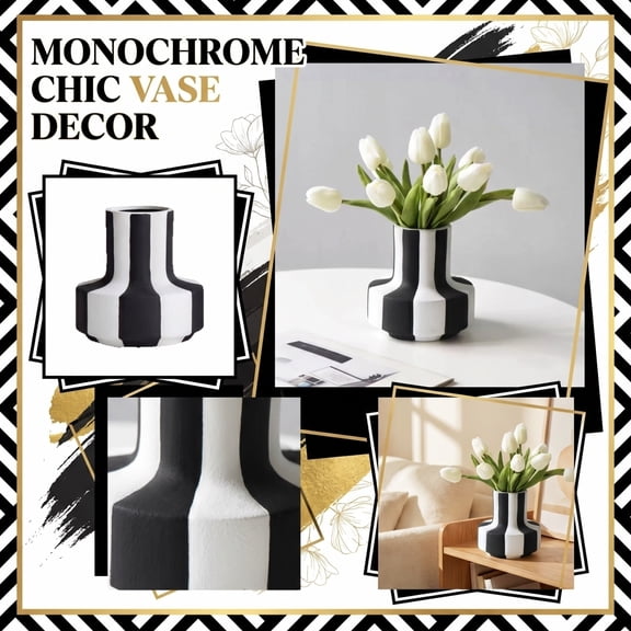 Home Decorations for Living Room, Modern Organic Home Decor, Black Table Decor, Living Room Table Decor, 5X5X3 Inch Matte Black and White Striped Decorative Ceramic Vase,