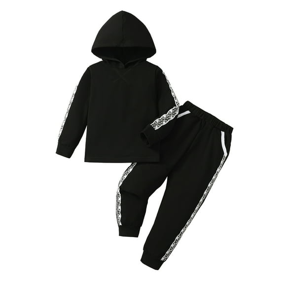4T Baby Girls Clothes 5T Girls 2PCS Hoodie Outfits Set Solid Color Toddler Girls Long Sleeve Hoodie Top Pants Set Black