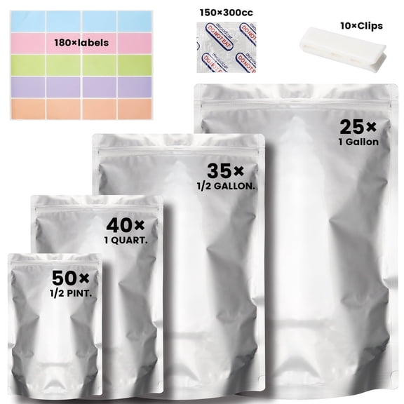 GoXteam 150 Pack 1 Gallon Mylar Bags with Oxygen Absorbers, Mylar Bags for Food Storage with 150 Single Sealed 300cc Oxygen Absorbers & Labels & Clips for Long Term Food Storage