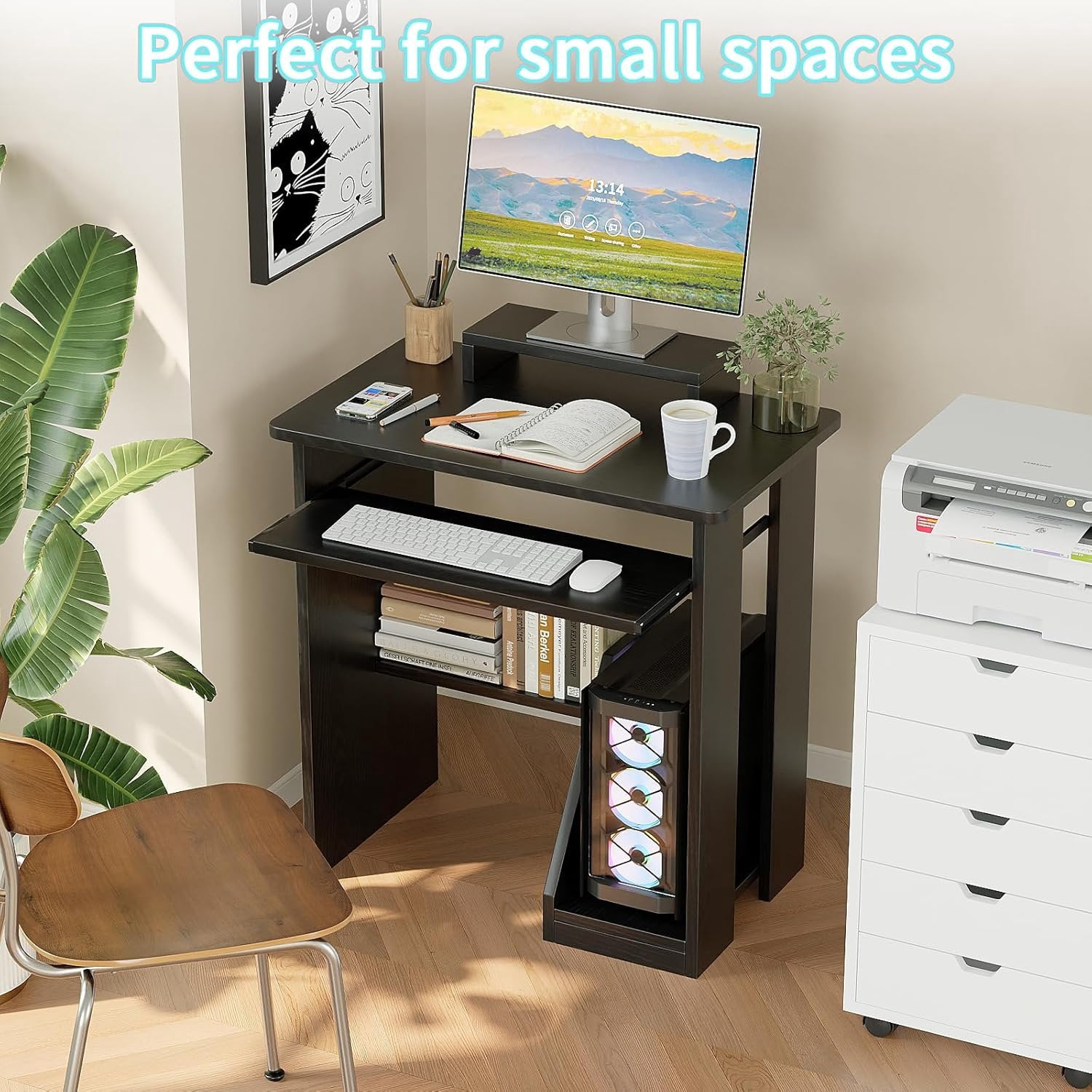 30" Small  Desk with Keyboard Tray  Stand, Study Writing Desk with Storage Shelves, Modern Workstation for Small Spaces, Save Space, Black A