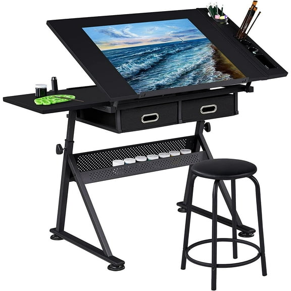 Art Craft Table Drawing Table Height Adjustable Drafting Desk Work Station with Tiltable Tabletop w/Stool and 2 Storage Drawers for Reading, Writing,Studying