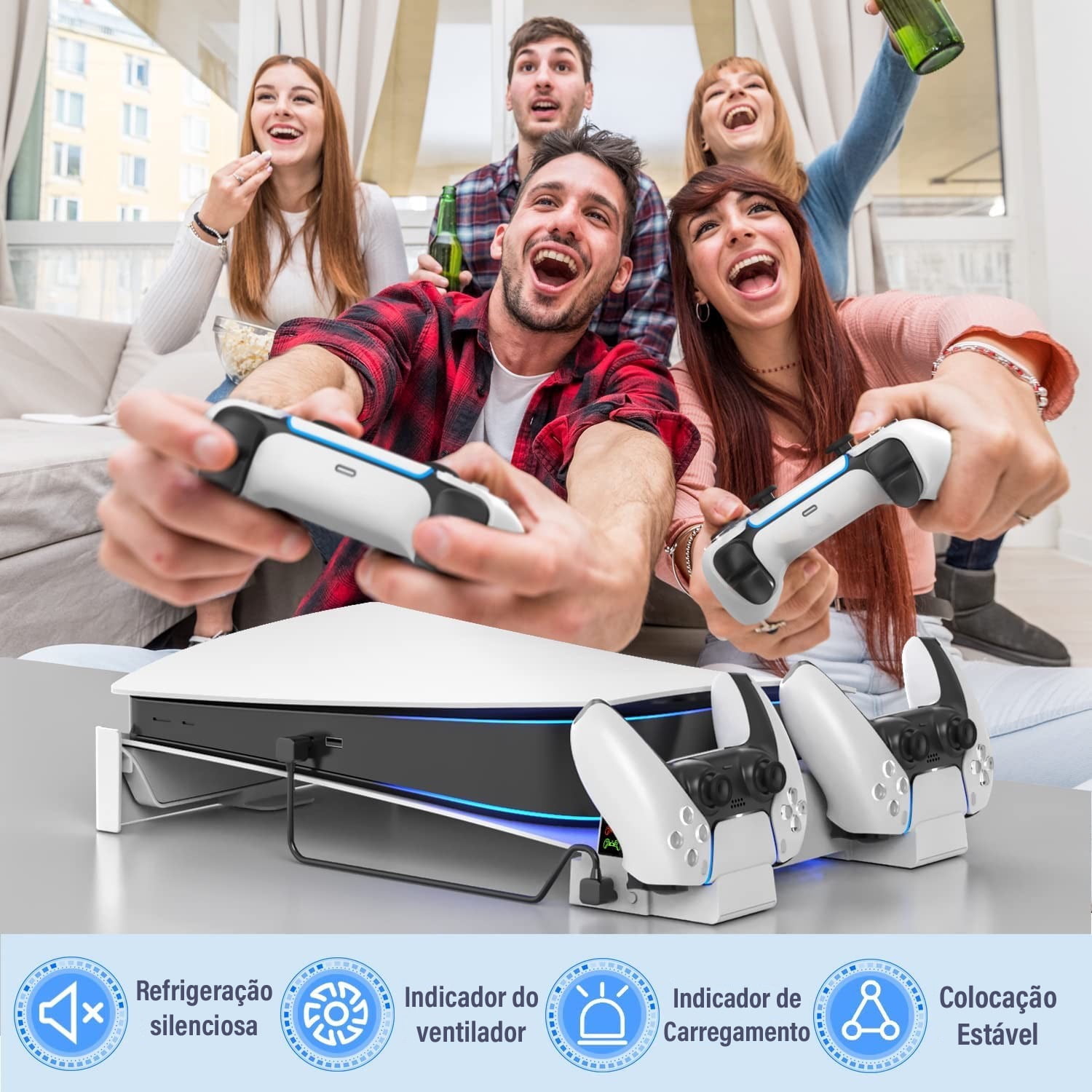 Horizontal Stand for PS5 with 3-Level Fan and Charger Base for PS5 Controller, Cooling Station Accessories-White