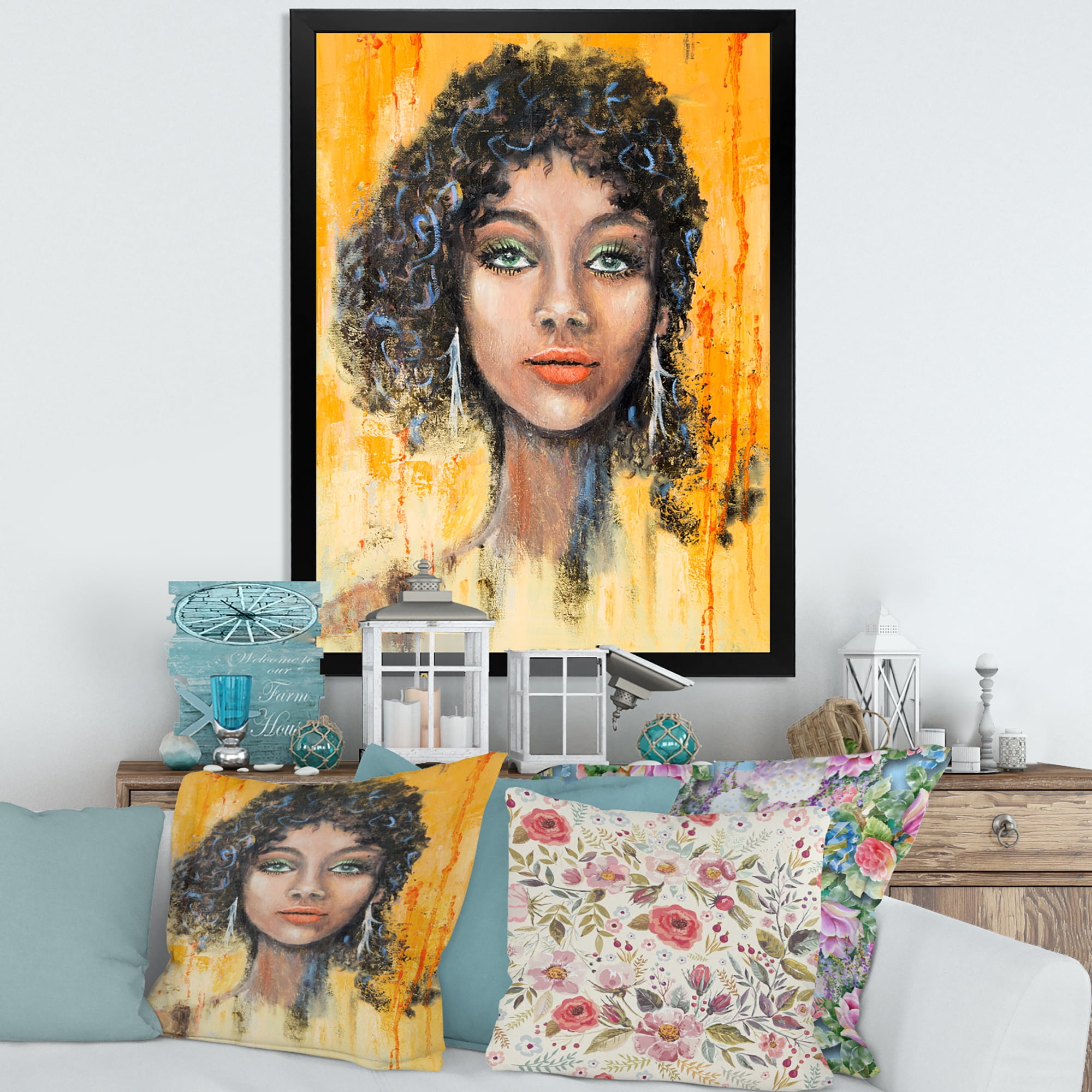 Designart 'Girl Face With Green Eyes & Black Hair Impression' Modern Framed Art Print