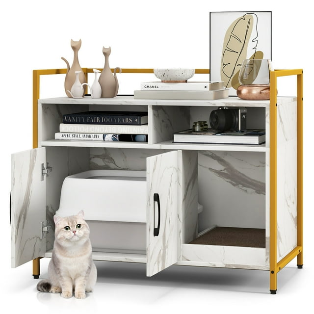 Gymax Grande Armoire à Litière pour Chat en Bois, Armoire de Rangement avec 2 Portes, Marbre Blanc