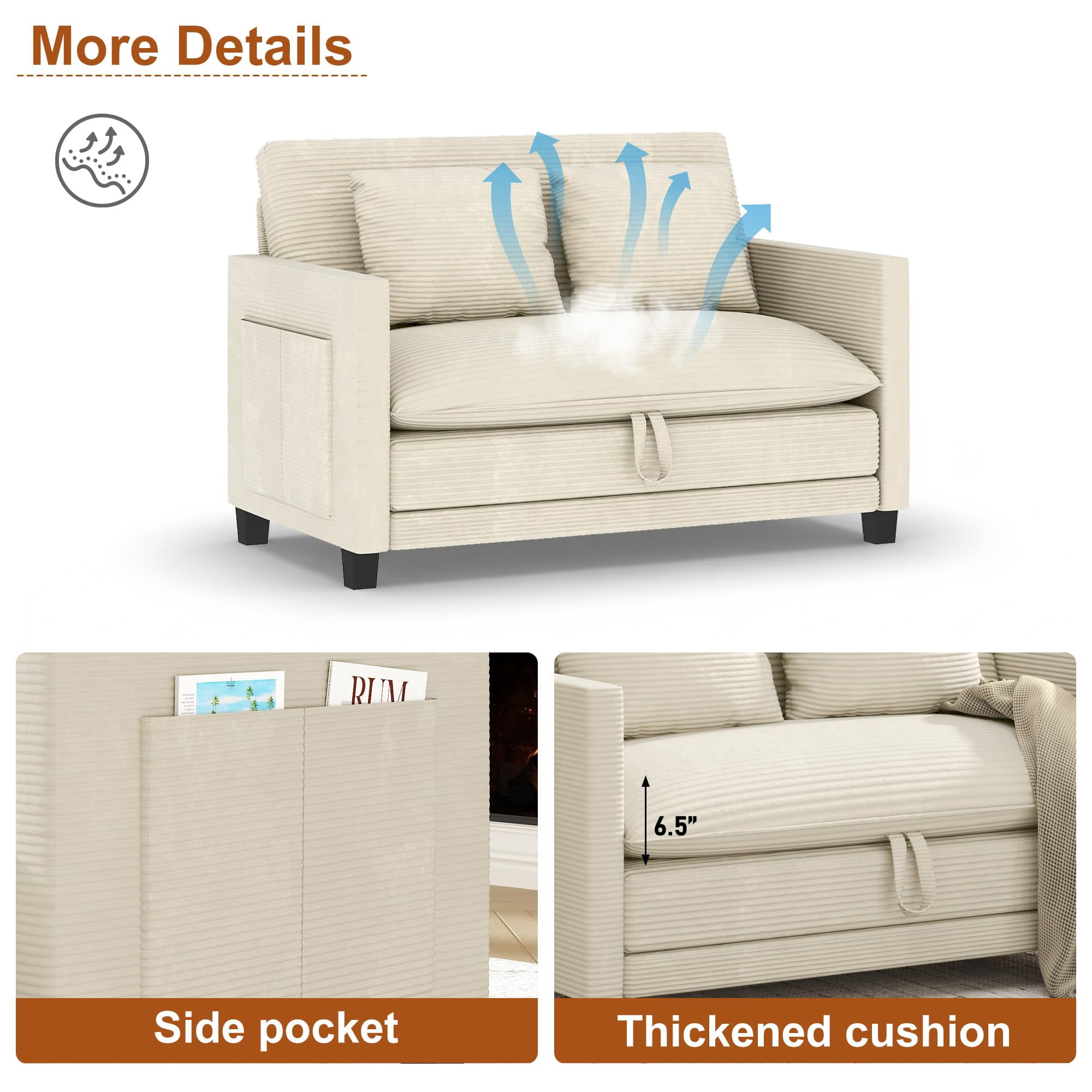 ANPOO 51 Inch Convertible Sofa Bed, 2-in-1 Folding Loveseat with Storage Pockets, 2 Pillows & Removable Cover, Modern Corduroy Sleeper Sofa for Small Spaces, Apartment and Living Room