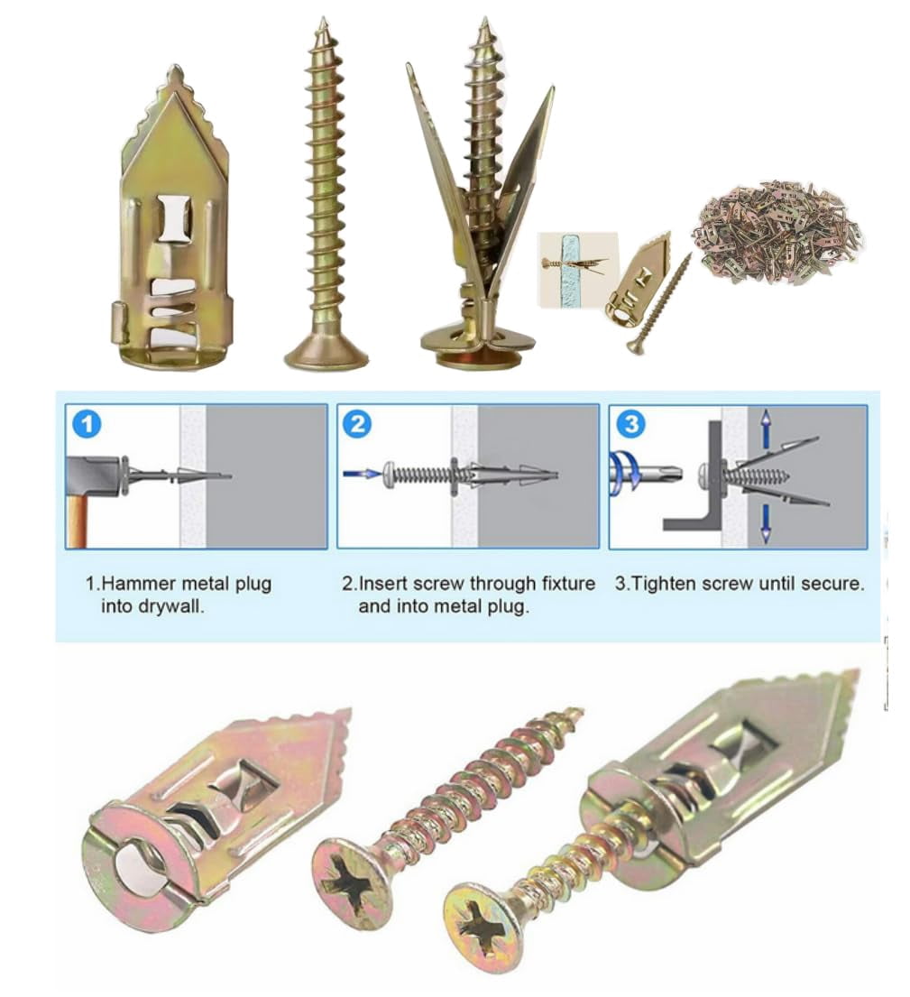 120pcs Self Drilling Drywall Anchors with Screws Kit, Zinc Plated Steel Ancors and Screws for Heavy Duty Cabinets, Shelves, Furniture, No Need to Drill Holes in Wall (3 Sizes)