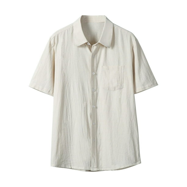 Camisa de Manga Corta Botón Arriba de los Hombres, Vacaciones Casual Color Sólido, Bolsillo Solapa Camisa de Moda
