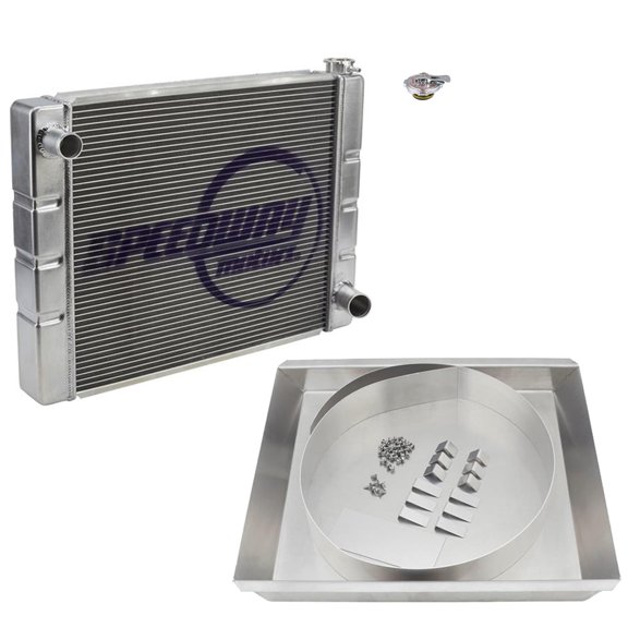 Speedway Motors Universal Small Block Chevy Radiator Kit w/Fan Shroud, 28” Aluminum Crossflow Cooling System, Adjustable Shroud Collar for 15–20″ Fans, High Pressure Cap Included
