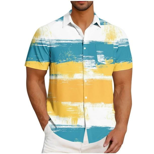Blusa y camisa de manga corta con cuello vuelto para hombre, informal, a la moda, con estampado de bolsillo y botones, de poliéster.