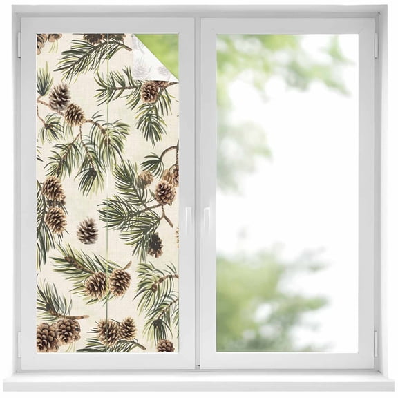 Sage Green Christmas Window Privacy Film, Rustic Pine Cones Xmas Botanical Static Cling UV Sun Blocking Heat Control Window Tint, Non-Adhesive One Way Windows Privacy Cover 17.7''x39.3''