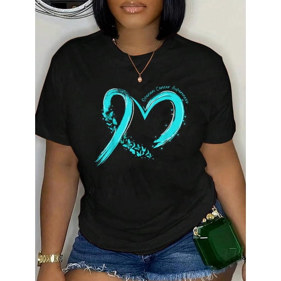 Ovarian Cancer Awareness Heart Ribbon Teal Support Womens T-Shirt Graphic Tee summer Tops For Women Round Neck Fashion Cotton shirts