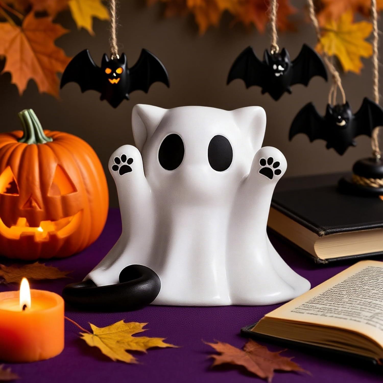 Cat-Shaped Ghost Ornament Mini Resin Figurine for Halloween Table Decor