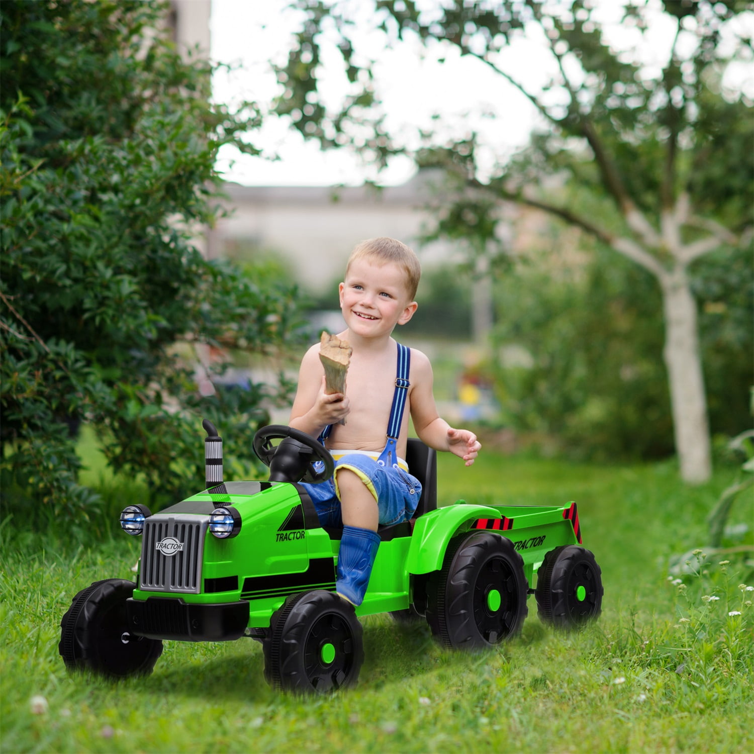 CIPACHO 12V Powered Ride On Toy Tractor for Kids with Trailer, 3-Gear-Shift Ground Loader with LED Lights, Green