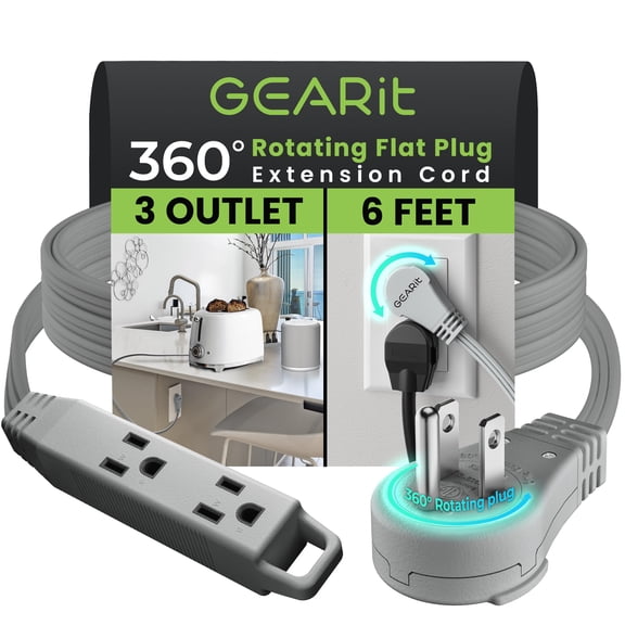 GEARit 360 Rotating Flat Plug Short Extension Cord with 3 Outlets (6ft, Gray) 16AWG/13A 3 Prong Wire, Outlet Saver for Home Office Dorm Room Essentials, ETL Certified