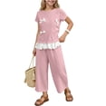 thumbnail image 2 of SGFCWSX Girls 2 Piece Outfits Bow Lace Hem Short Sleeve Tops Wide Leg Capri Pants Summer Casual Clothes Set Pink Size 8, 2 of 10