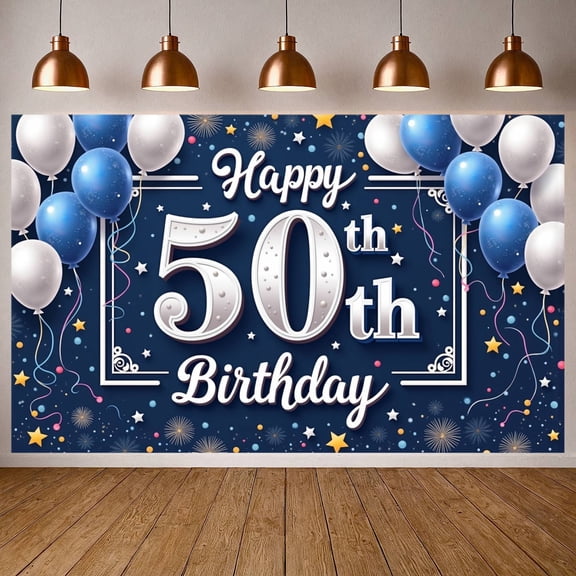 Blue Balloons Happy 50th Banner Silver Stars 50th Backdrop Fireworks Design Golden Accents Anniversary Background for 50th Birthday Party Adult Celebration Milestone Gathering