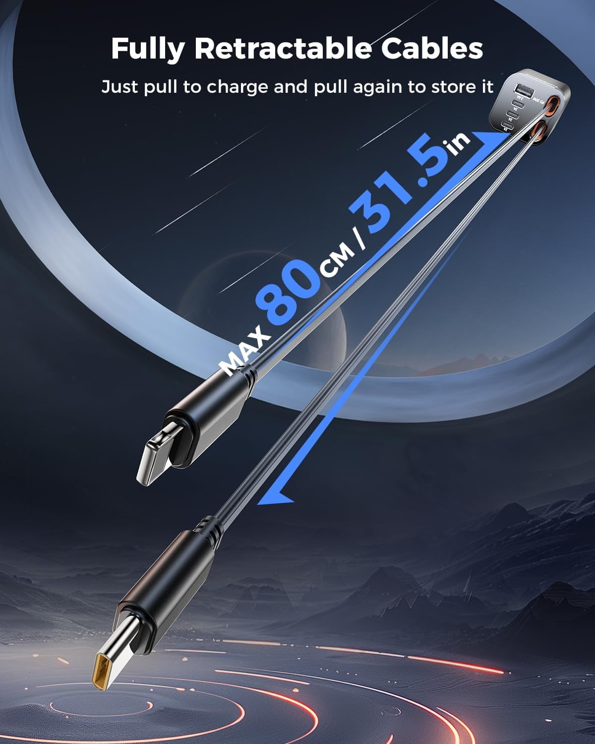 Retractable Car Charger, 99W Car Phone Charger with Cables Fast Charging, USB C Car Charger Adapter for iPhone 17 16 15 14 13 12, Samsung, Black