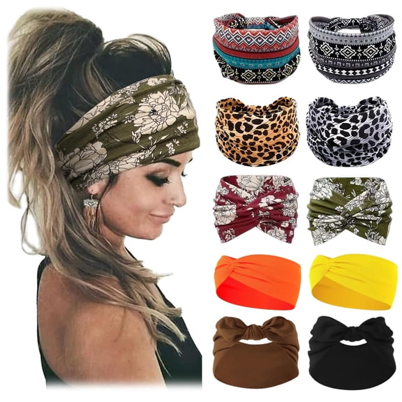 KEGKUO 10 PCS Women Headbands African Wide Hair Wrap Extra Turban Head Bands for Lady Large Sport Workout Stretch Non-slip Big Hair Bands, Combination A