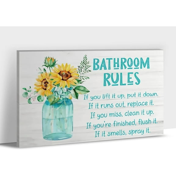 Farmhouse Bathroom Decor Wall Art -Funny Bathroom Rules Sign Canvas Print Picture For Rustic Home Decor, Rustic Style Painting, Framed Poster Sunflower Artwork For Country Room Wall Decor 12x18