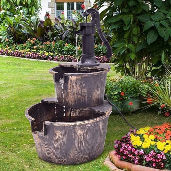 Squareful 2-Tier Outdoor Water Fountain, Rustic  Decor w/Hand Pump, Pump Barrel Fountain for Garden, Backyard,
