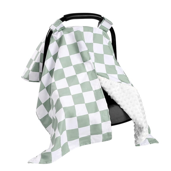 Infant car seat cover, ultra-soft and warm winter infant car seat cover, infant car seat cover with peephole, nursing cover car seat sunshade, green checkered pattern.