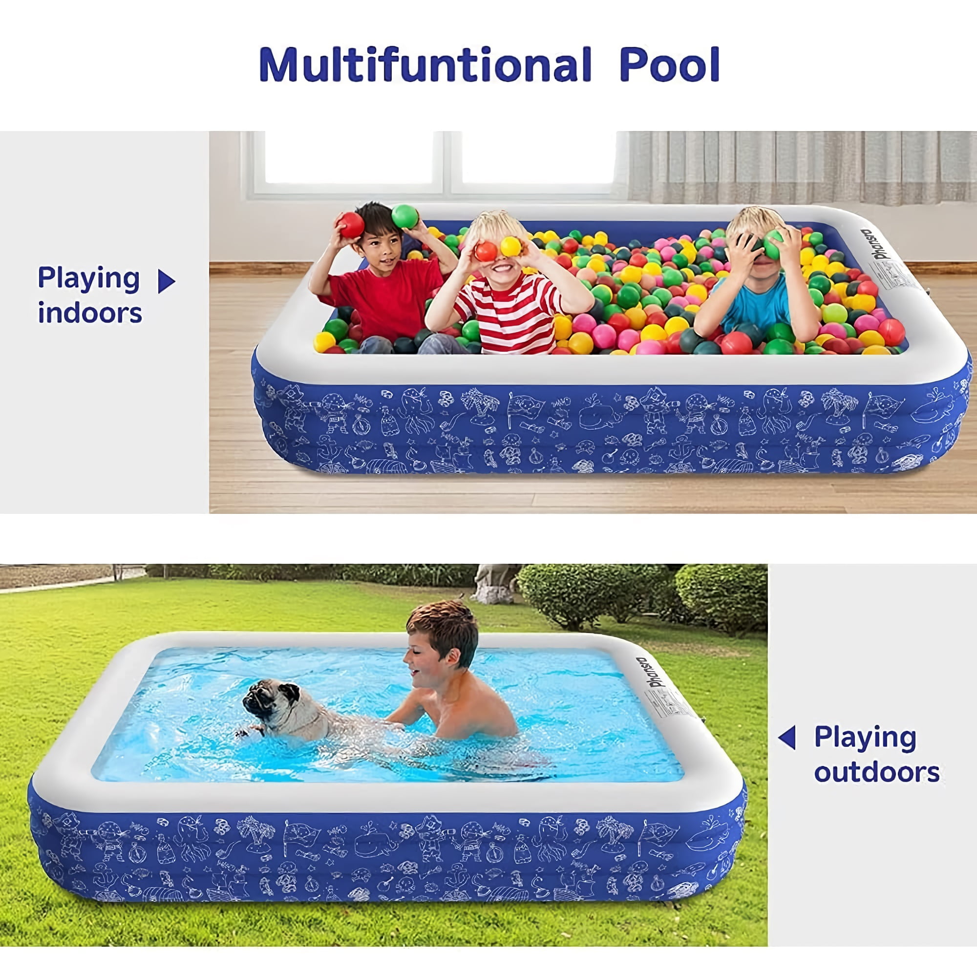 TOYTEXX Family Sized Inflatable Swimming Pool, 100" x 72" x 22", Blue, Puncture Resistant