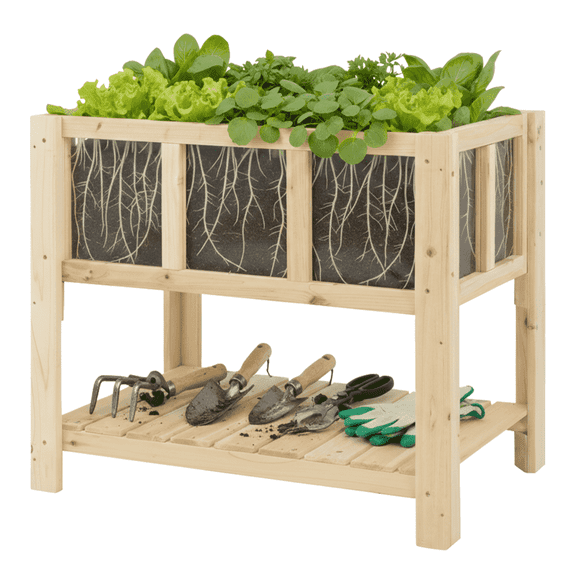 Elevated Garden Bed with Clear Acrylic View & Storage Shelf, Wooden Raised Planter Box,28.3"L x 16.3"W x 23.6"H, Natural