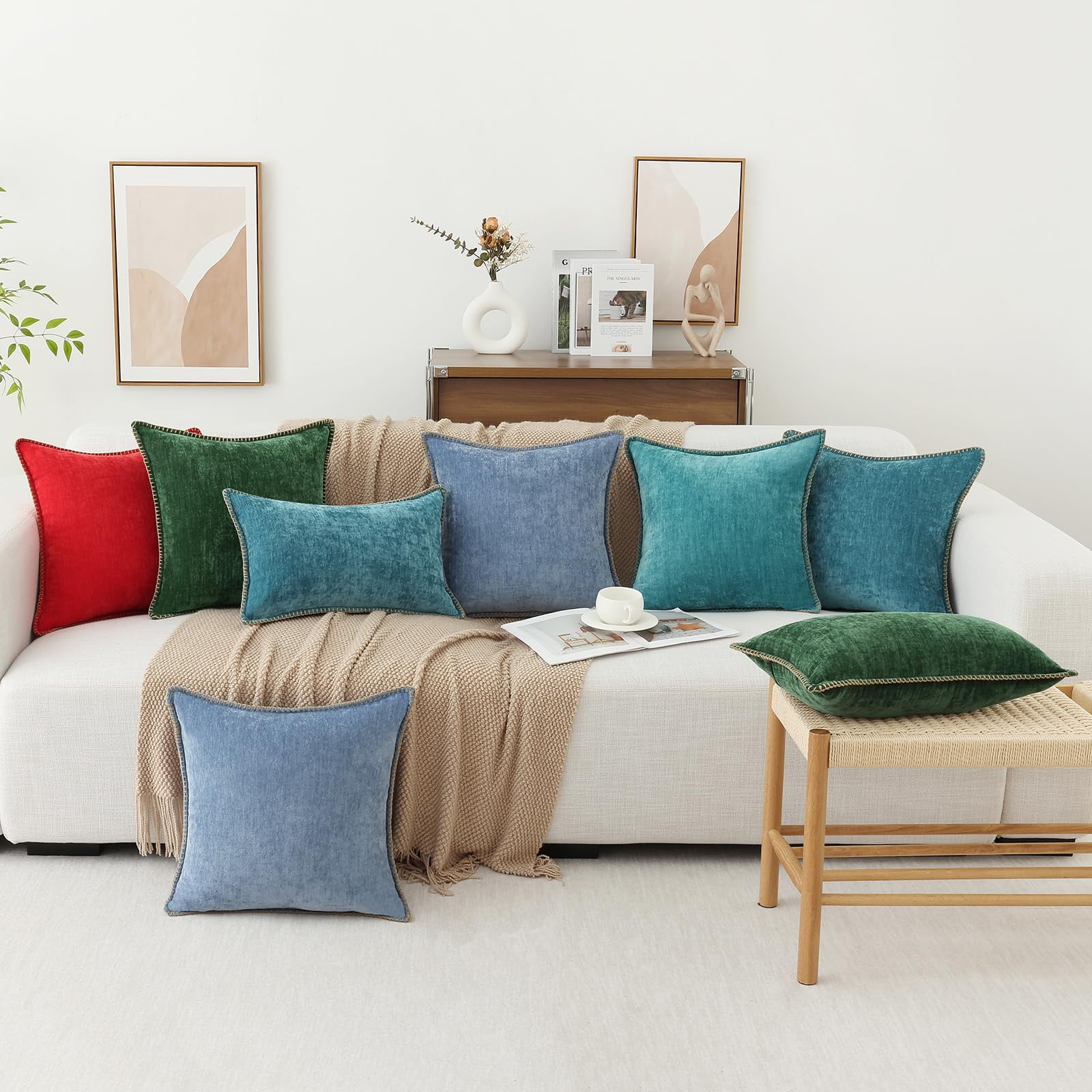 decorUhome Chenille Throw Pillow Covers 26x26 Set of 2, Soft Farmhouse Decorative Pillow Covers, Blue(Pillow Cover Only, No Inserts Included)