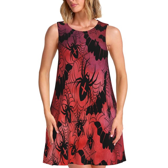 Fotbe Bats And Spiders Vestido de Verano sin Mangas para Mujer – Vestido Midi Línea A, Estilo Camiseta Floral, Vestido Playero Casual y Fluido