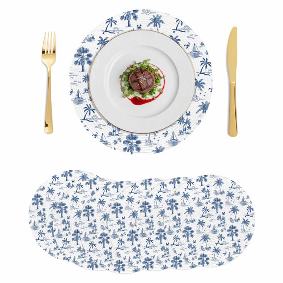 Blue Tropical Plant Round 13 Inch Placemats Set of 6, Summer Palm Trees Coastal Nautical HeatResistant Non Slip Place Mats for Dining Table, Wipeable Braided Kitchen Table Mats for Housewarming