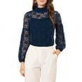 thumbnail image 5 of INSPIRE CHIC Women's Floral Lace Top Turtleneck Puff Long Sleeve See Through Sheer Blouse XS Navy Blue, 5 of 6
